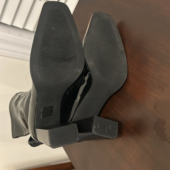 Faux Patent Leather Square Metal Toe Mid Calf Thick High Heels Go Go Boots - Picture 15 of 16